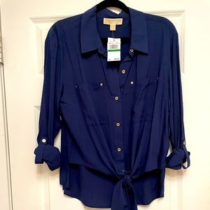 Michael Kors Navy button down high/low blouse